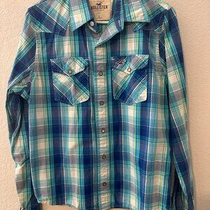 Hollister Blue & White Plaid Print Long Sleeve Button Down Shirt - L